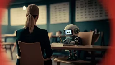 Robot seduto a un tavolo in un'aula, tiene una matita.