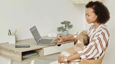 Persona al computer con un cane in grembo.