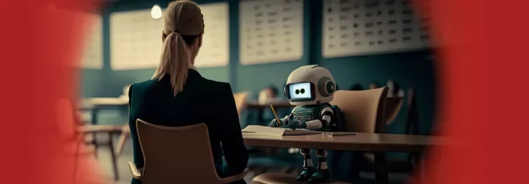 Robot seduto a un tavolo in un'aula, tiene una matita.