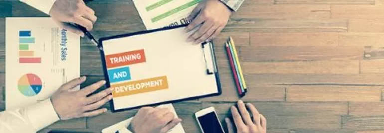 Persone al lavoro su documenti di formazione e sviluppo.