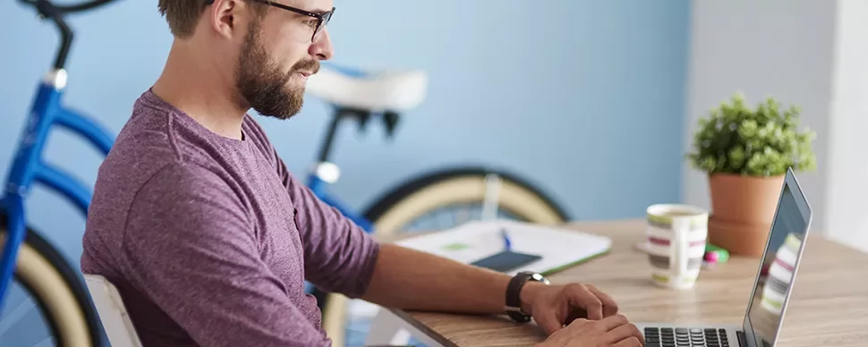Persona al laptop con bicicletta e pianta in sfondo.